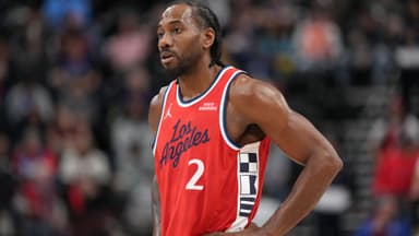 Feb 22, 2026; Inglewood, California, USA; LA Clippers forward Kawhi Leonard (2) reacts against the Orlando Magic in the second half at Intuit Dome