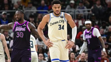 Jan 13, 2026; Milwaukee, Wisconsin, USA; Milwaukee Bucks forward Giannis Antetokounmpo (34) reacts in the second quarter against the Minnesota Timberwolves at Fiserv Forum.