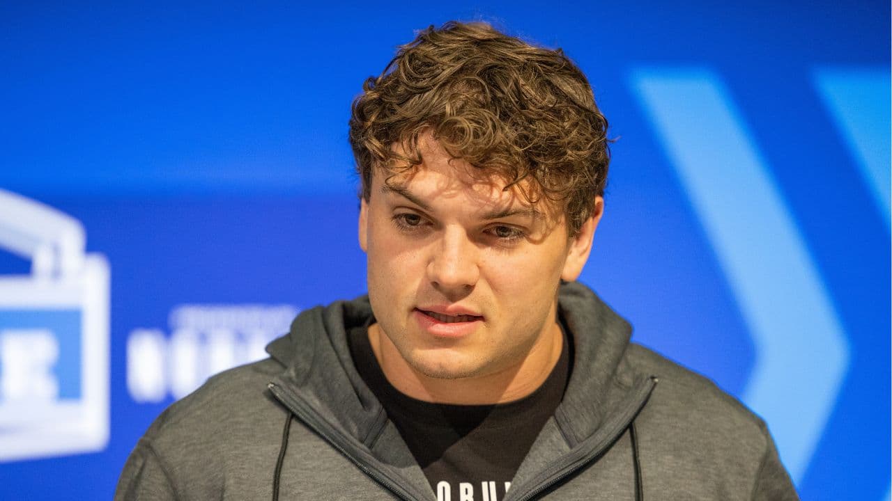 Washington tight end Jack Westover (TE15) talks to the media during the 2024 NFL Combine at Lucas Oil Stadium.