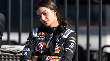 Feb 13, 2026; Daytona Beach, Florida, USA; NASCAR Truck Series driver Toni Breidinger reacts after failing to qualify for the Fresh from Florida 250 at Daytona International Speedway