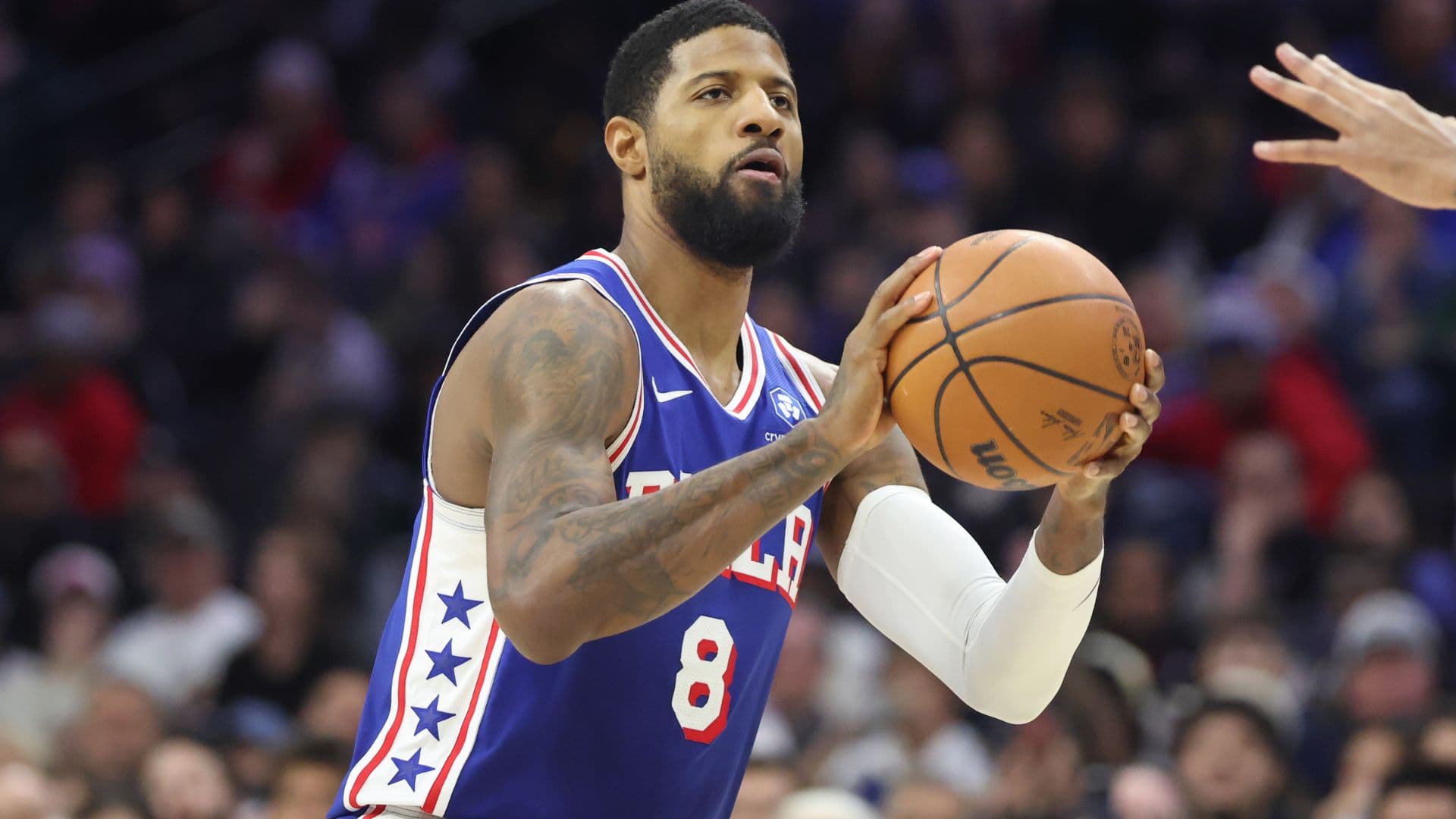 Jan 27, 2026; Philadelphia, Pennsylvania, USA; Philadelphia 76ers forward Paul George (8) shoots the ball against the Milwaukee Bucks during the third quarter at Xfinity Mobile Arena