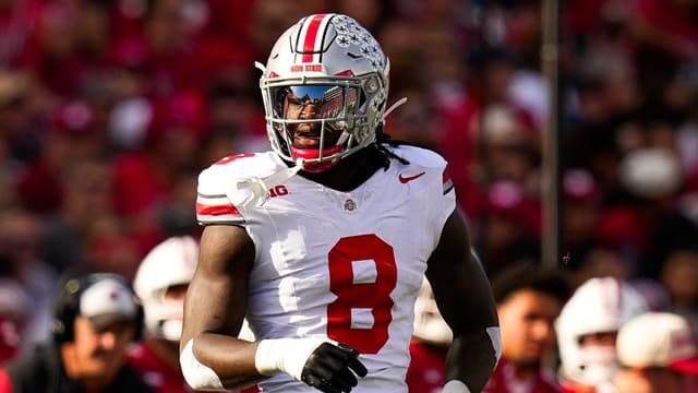 Ohio State Buckeyes linebacker Arvell Reese (8) reacts during the game against the Wisconsin Badgers at Camp Randall Stadium on Saturday, Oct. 18, 2025 in Madison, Wisconsin.