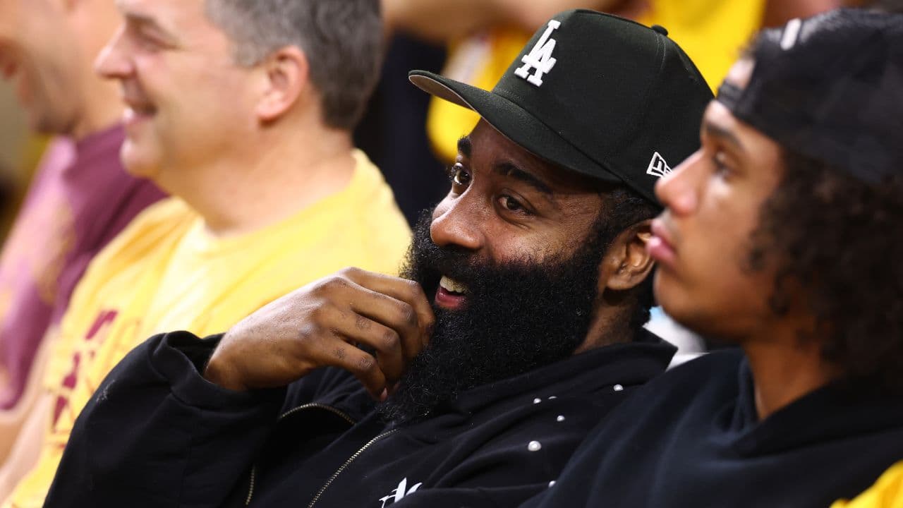 Arizona State Sun Devils former player James Harden sits courtside during the game against the Arizona Wildcats in the second half at Desert Financial Arena