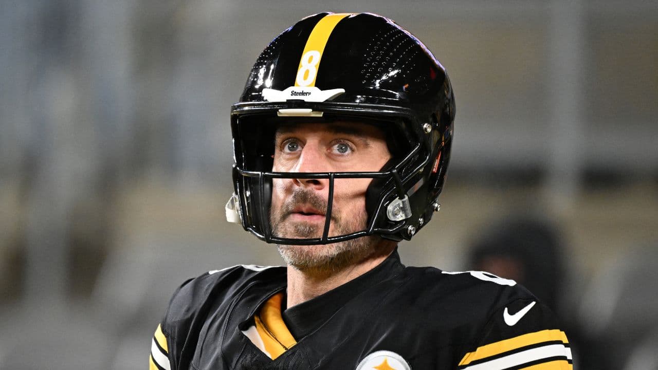 Pittsburgh Steelers quarterback Aaron Rodgers (8) warms up before an AFC Wild Card Round game against the Houston Texans at Acrisure Stadium.