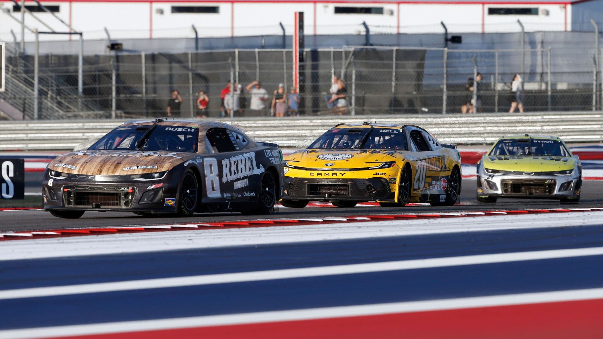 Mar 2, 2025; Austin, Texas, USA; NASCAR Cup Series driver Kyle Bush (8) is ahead of NASCAR Cup Series driver Christopher Bell (20) during the EchoPark Automotive Grand Prix at Circuit of the Americas.