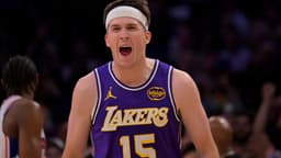 Feb 5, 2026; Los Angeles, California, USA; Los Angeles Lakers guard Austin Reaves (15) reacts at the buzzer defeating the Philadelphia 76ers at Crypto.com Arena.