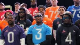 Baltimore Ravens linebacker Roquan Smith (0), Los Angeles Chargers safety Derwin James (3) and Houston Texans cornerback Kamari Lassiter (4) pose during AFC practice at the Flag Fieldhouse Moscone Center South Building.