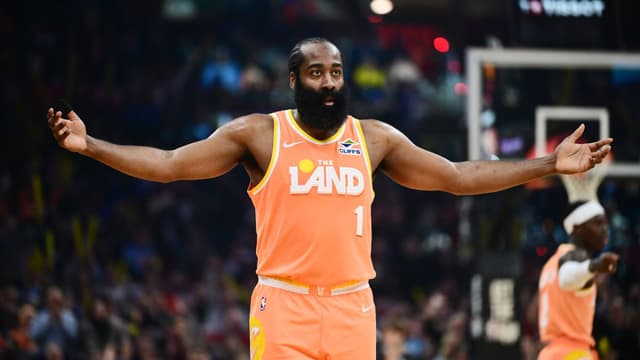 Feb 24, 2026; Cleveland, Ohio, USA; Cleveland Cavaliers guard James Harden (1) celebrates after hitting a three point basket against the New York Knicks during the second half at Rocket Arena