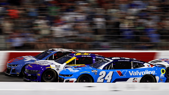 May 18, 2025; North Wilkesboro, North Carolina, USA; NASCAR Cup Series driver Kyle Busch (8), NASCAR Cup Series driver Brad Keselowski (6) and NASCAR Cup Series driver William Byron (24) during NASCAR All-Star Open at North Wilkesboro Speedway. Mandatory Credit: Peter Casey-Imagn Images