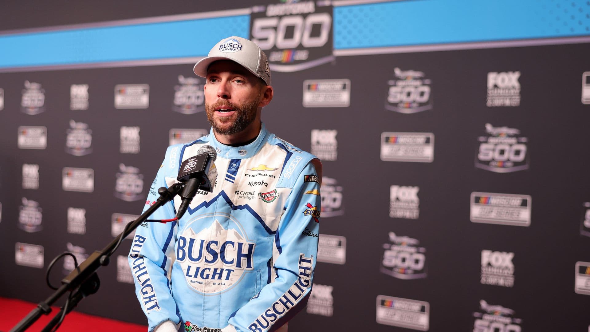 Feb 11, 2026; Daytona Beach, Florida, USA; NASCAR Cup Series driver Ross Chastain (1) speaks to the media during the Daytona 500 Media Day at Daytona International Speedway