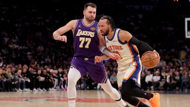 Feb 1, 2026; New York, New York, USA; New York Knicks guard Jalen Brunson (11) drives to the basket against Los Angeles Lakers guard Luka Doncic (77) during the second quarter at Madison Square Garden. Mandatory Credit: Brad Penner-Imagn Images