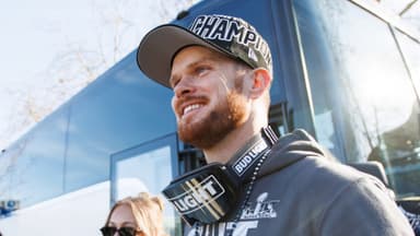 Seattle Seahawks quarterback Sam Darnold (14) reacts during Seattle Seahawks Super Bowl LX parade.