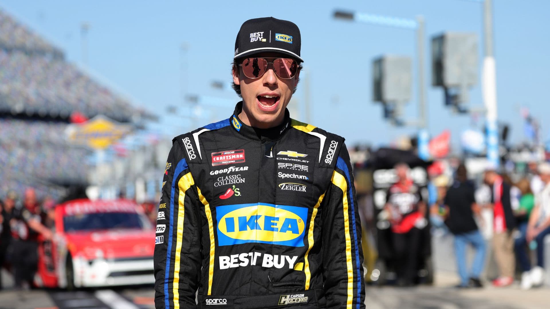 Feb 13, 2026; Daytona Beach, Florida, USA; NASCAR Truck Series driver Carson Hocevar (77) during truck series qualifying at Daytona International Speedway.