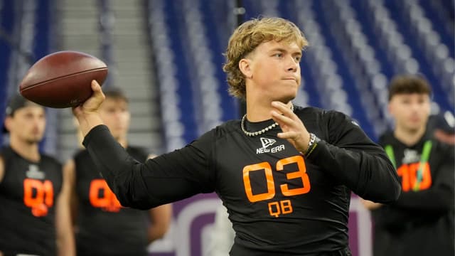 Mississippi quarterback Jaxson Dart (QB03) during the 2025 NFL Combine at Lucas Oil Stadium.
