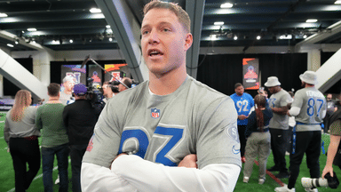 San Francisco 49ers running back Christian McCaffrey (23) during NFC practice at the NFL Flag Fieldhouse at Moscone Center South Building.