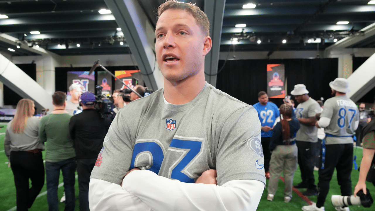 San Francisco 49ers running back Christian McCaffrey (23) during NFC practice at the NFL Flag Fieldhouse at Moscone Center South Building.