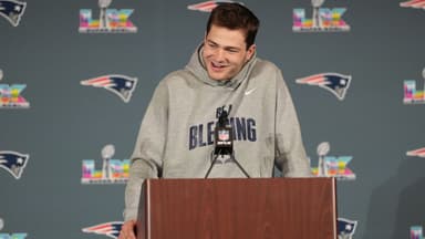 New England Patriots quarterback Drake Maye (10) talks to media members at the Santa Clara Marriott.