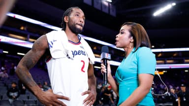 Feb 6, 2026; Sacramento, California, USA; Los Angeles Clippers forward Kawhi Leonard (2) is interviewed after the game against the Sacramento Kings at Golden 1 Center.