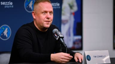 Sep 29, 2025; Minneapolis, MN, USA; Minnesota Timberwolves president of basketball operations Tim Connelly speaks to the media during media day at Target Center.