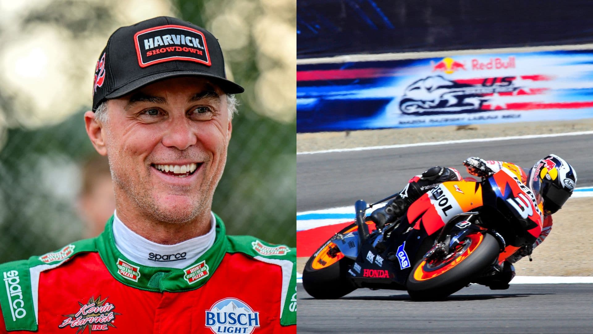 Kevin Harvick (L) and Moto GP Race in Action (R)