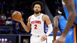 Feb 25, 2026; Detroit, Michigan, USA; Detroit Pistons guard Cade Cunningham (2) dribbles in the first half against the Oklahoma City Thunder at Little Caesars Arena.
