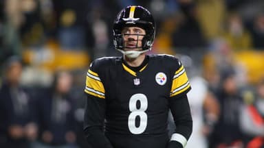Pittsburgh Steelers quarterback Aaron Rodgers (8) looks on after being sacked during the first half of the NFL Wild Card game against the Houston Texans at Acrisure Stadium in Pittsburgh, PA on January 12, 2026.