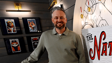 Nate Bargatze in the room he records his Nateland podcast at Zanies Comedy Night Club Monday, April 28, 2025 in Nashville, Tenn.