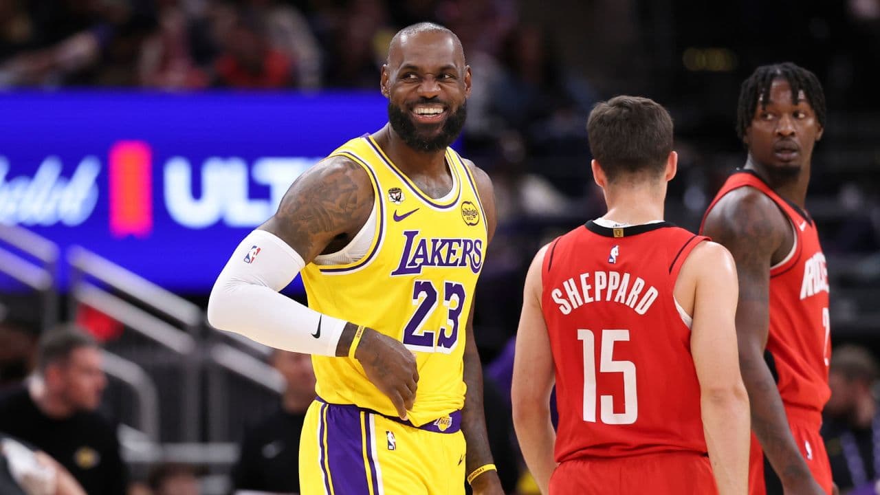 Los Angeles Lakers forward LeBron James (23) smiles at the start of the second quarter against the Houston Rockets at Toyota Center.