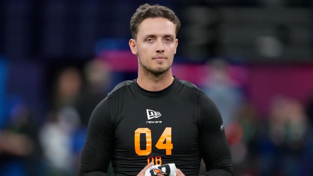 Miami quarterback Carson Beck (QB04) during the NFL Scouting Combine at Lucas Oil Stadium.