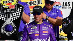 Mar 15, 2026; Las Vegas, Nevada, USA; Joe Gibbs Racing driver Denny Hamlin (11) celebrates his victory following the Pennzoil 400 at Las Vegas Motor Speedway. Mandatory Credit: Gary A. Vasquez-Imagn Images