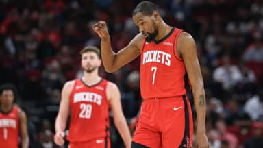 Mar 10, 2026; Houston, Texas, USA; Houston Rockets forward Kevin Durant (7) reacts after a play during the second quarter against the Toronto Raptors at Toyota Center