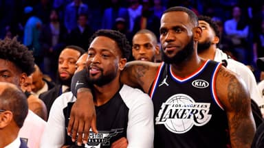 Feb 17, 2019; Charlotte, NC, USA; Team Lebron forward Lebron James of the Los Angeles Lakers (23) and Team Lebron guard Dwayne Wade of the Miami Heat (3) after the 2019 NBA All-Star Game at Spectrum Center
