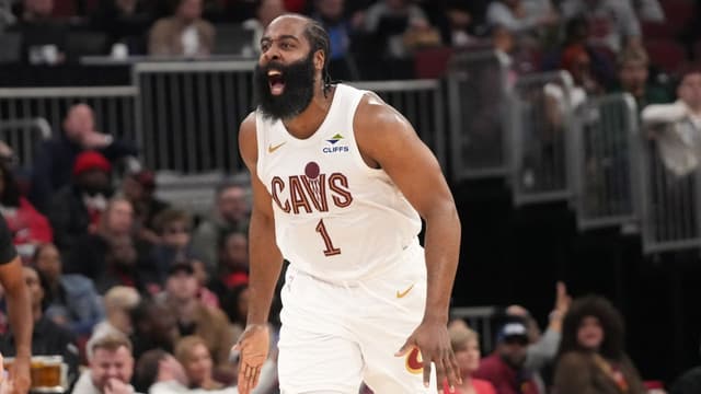 Cleveland Cavaliers guard James Harden (1) reacts after making a three point basket against the Chicago Bulls during the second half at United Center
