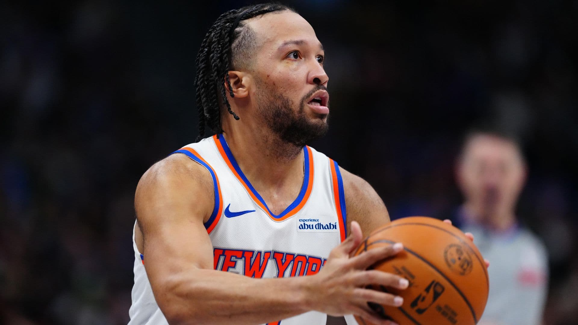 Mar 6, 2026; Denver, Colorado, USA; New York Knicks guard Jalen Brunson (11) lines up to take a shot in the third quarter against the Denver Nuggets at Ball Arena