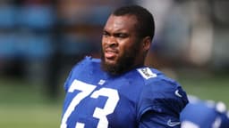 New York Giants offensive tackle Evan Neal (73) on the field during training camp at Quest Diagnostics Training Center.