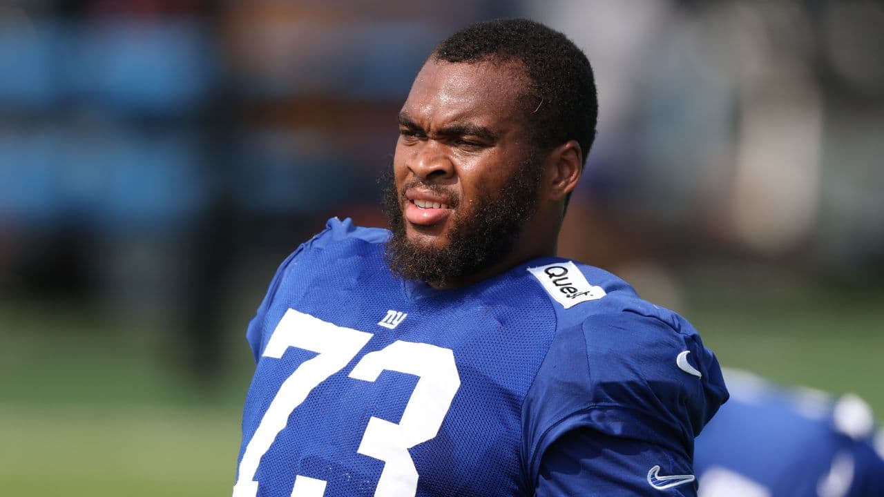 New York Giants offensive tackle Evan Neal (73) on the field during training camp at Quest Diagnostics Training Center.
