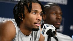 Mar 19, 2026; San Diego, CA, USA; Kansas Jayhawks guard Darryn Peterson (22) speaks at a news conference ahead of the first round of the men's 2026 NCAA Tournament at Viejas Arena.
