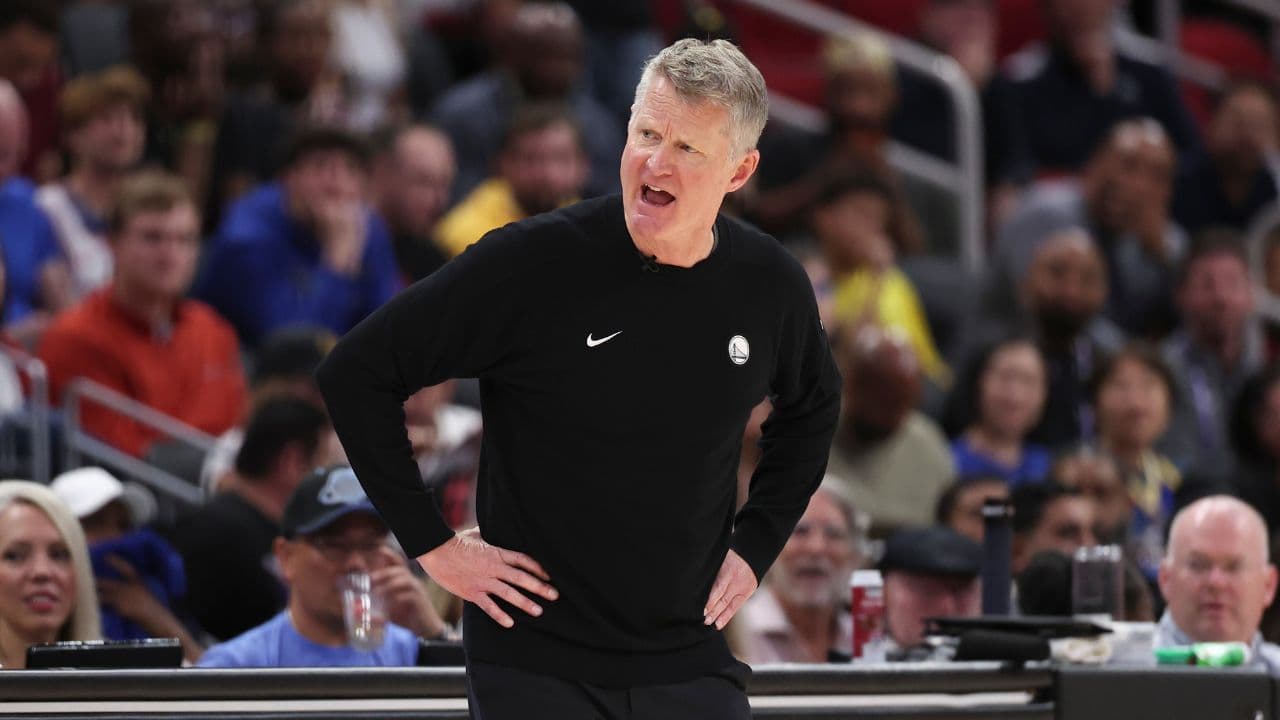 Golden State Warriors head coach Steve Kerr reacts after a play during overtime against the Houston Rockets at Toyota Center.