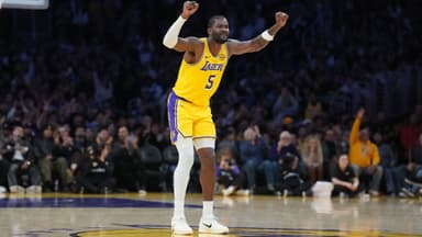 Feb 20, 2026; Los Angeles, California, USA; Los Angeles Lakers center Deandre Ayton (5) reacts against the LA Clippers in the first half at Crypto.com Arena.