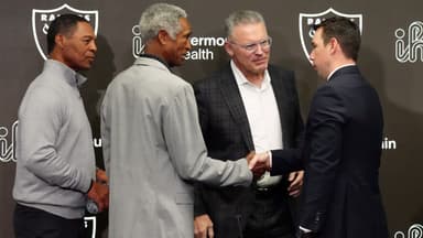 Las Vegas Raiders brass Marcus Allen, Mike Haynes, Howie Long, and now head coach Klint Kubiak