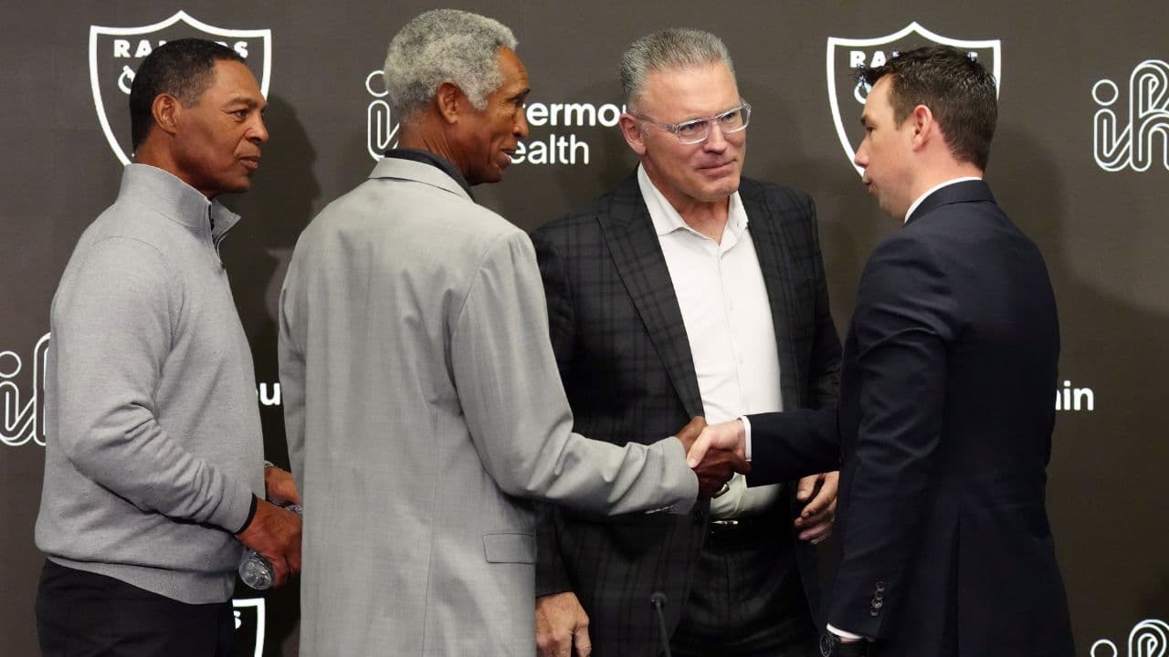 Las Vegas Raiders brass Marcus Allen, Mike Haynes, Howie Long, and now head coach Klint Kubiak
