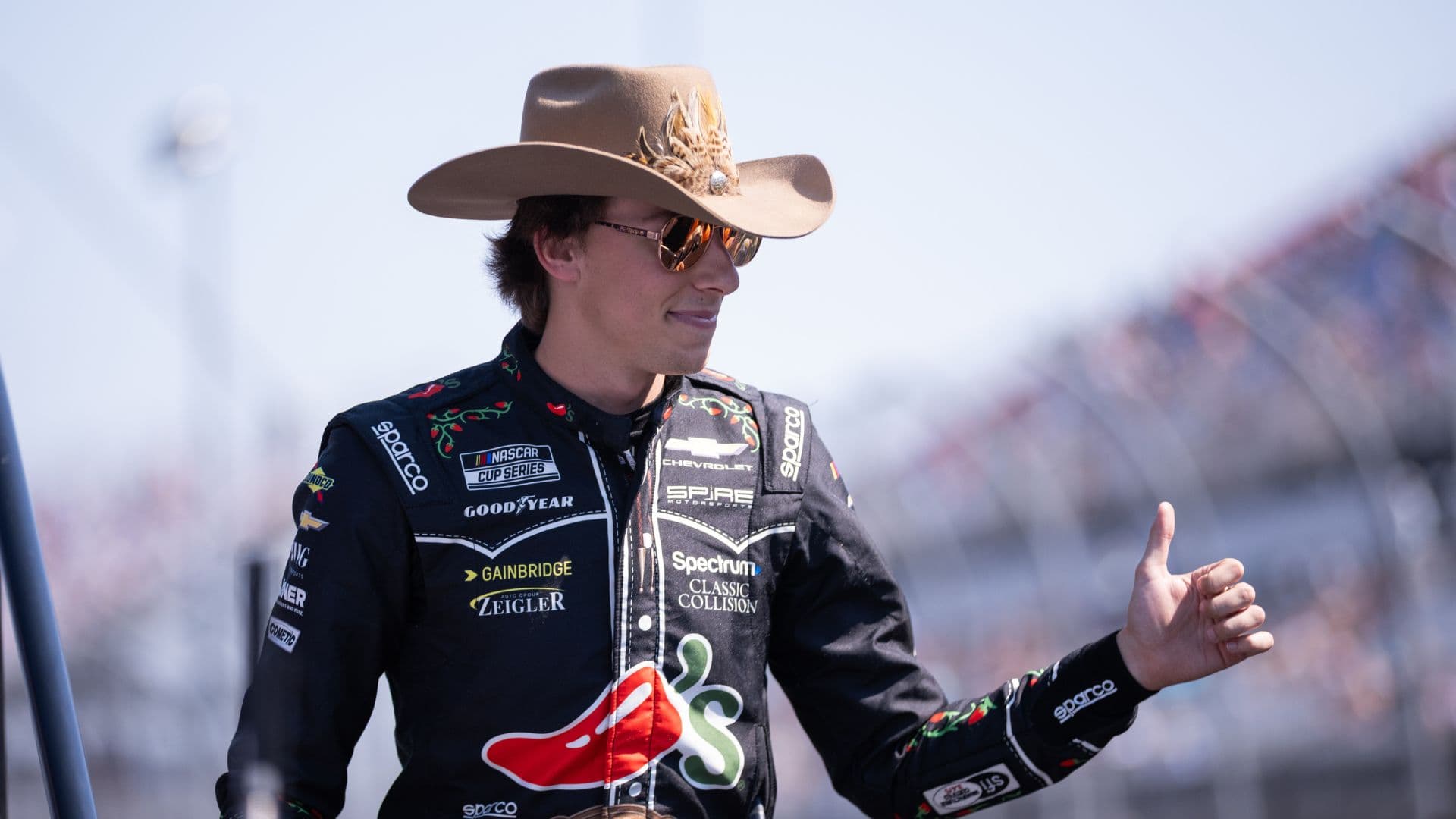 Mar 22, 2026; Darlington, South Carolina, USA; Spire Motorsports Carson Hocevar (77) comes out for the Goodyear 400 at Darlington Raceway.