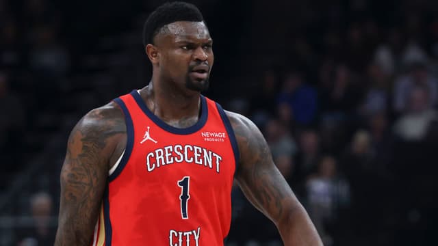 Feb 26, 2026; Salt Lake City, Utah, USA; New Orleans Pelicans forward Zion Williamson (1) reacts after a play against the Utah Jazz during the first half at Delta Center
