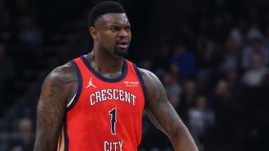 Feb 26, 2026; Salt Lake City, Utah, USA; New Orleans Pelicans forward Zion Williamson (1) reacts after a play against the Utah Jazz during the first half at Delta Center