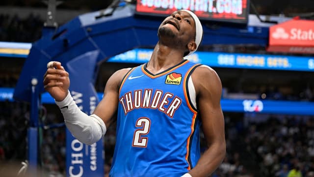 Oklahoma City Thunder guard Shai Gilgeous-Alexander (2) reacts to a foul call during the second half against the Dallas Mavericks at the American Airlines Center.