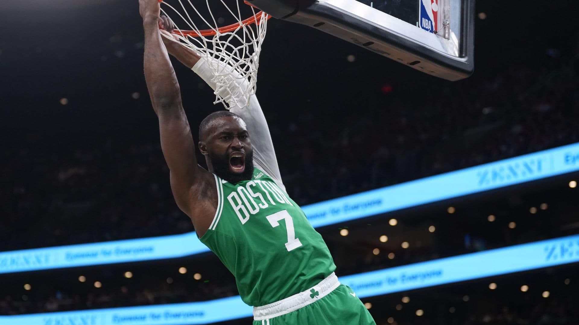 Mar 18, 2026; Boston, Massachusetts, USA; Boston Celtics guard Jaylen Brown (7) makes the basket against the Golden State Warriors in the first quarter at TD Garden