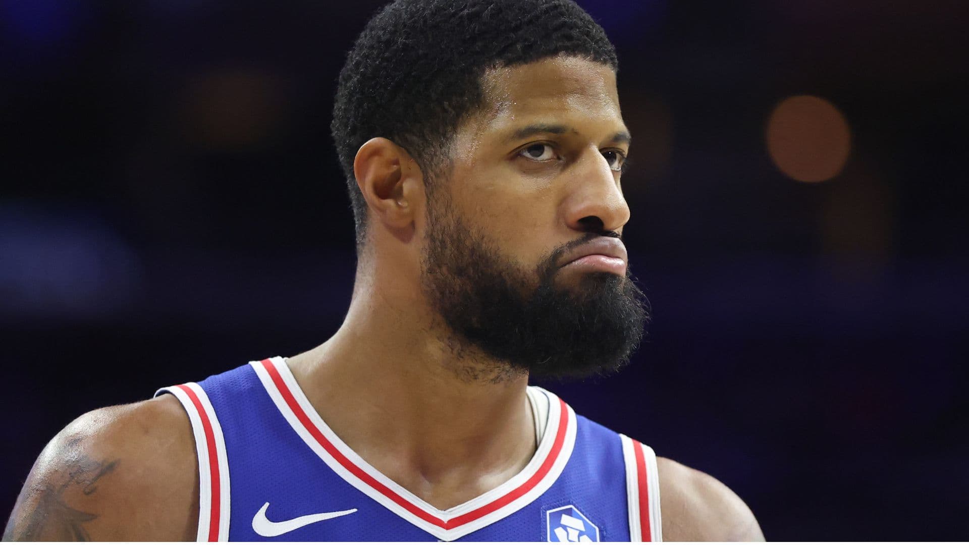 Jan 27, 2026; Philadelphia, Pennsylvania, USA; Philadelphia 76ers forward Paul George (8) looks on after a score against the Milwaukee Bucks during the fourth quarter at Xfinity Mobile Arena