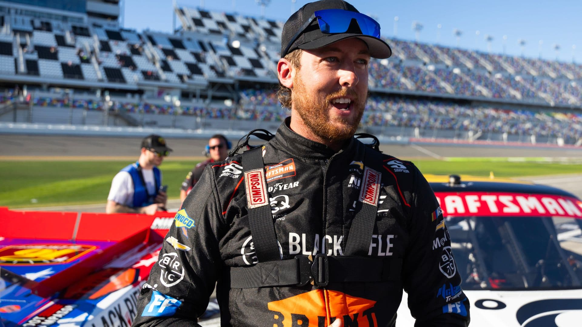 Feb 13, 2026; Daytona Beach, Florida, USA; NASCAR Truck Series driver Garrett Mitchell during qualifying for the Fresh from Florida 250 at Daytona International Speedway