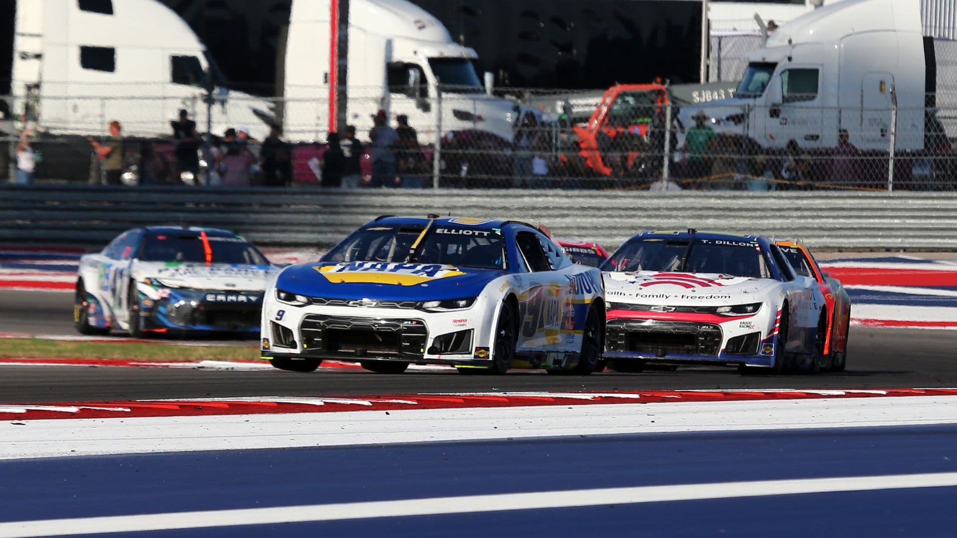 Mar 1, 2026; Austin, Texas, USA; NASCAR Cup Series driver Chase Elliott (9) leads NASCAR Cup Series driver Ty Dillon (10) through turn 15 during the NASCAR Cup Series Duramax Texas Grand Prix Powered by RelaDyne at Circuit of the Americas.