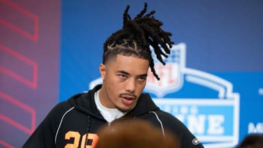 Southern California wideout Makai Lemon (WO29) speaks to members of the media during the NFL Combine at the Indiana Convention Center.